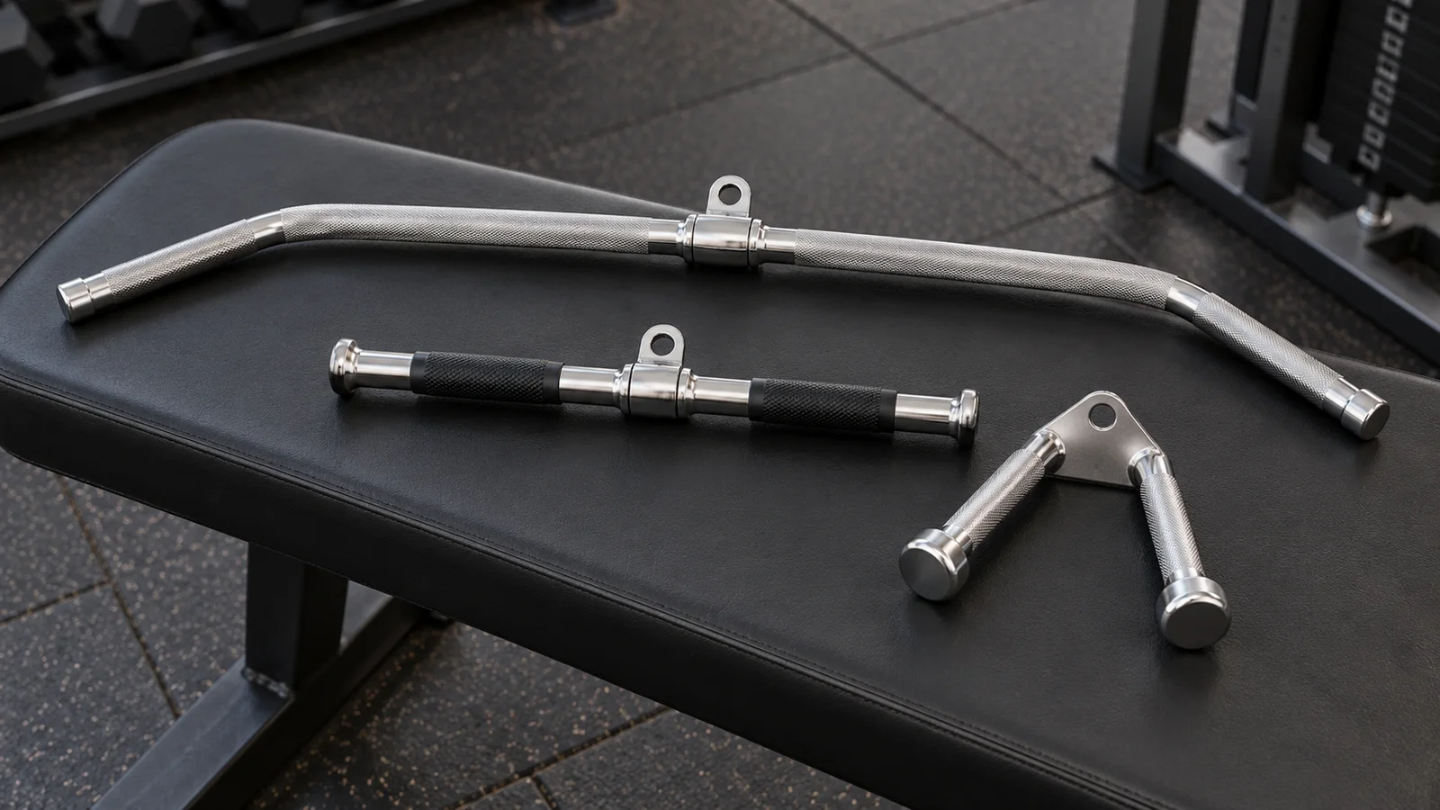 A wide lat pulldown bar, straight bar and neutral-grip handle arranged on a gym bench.