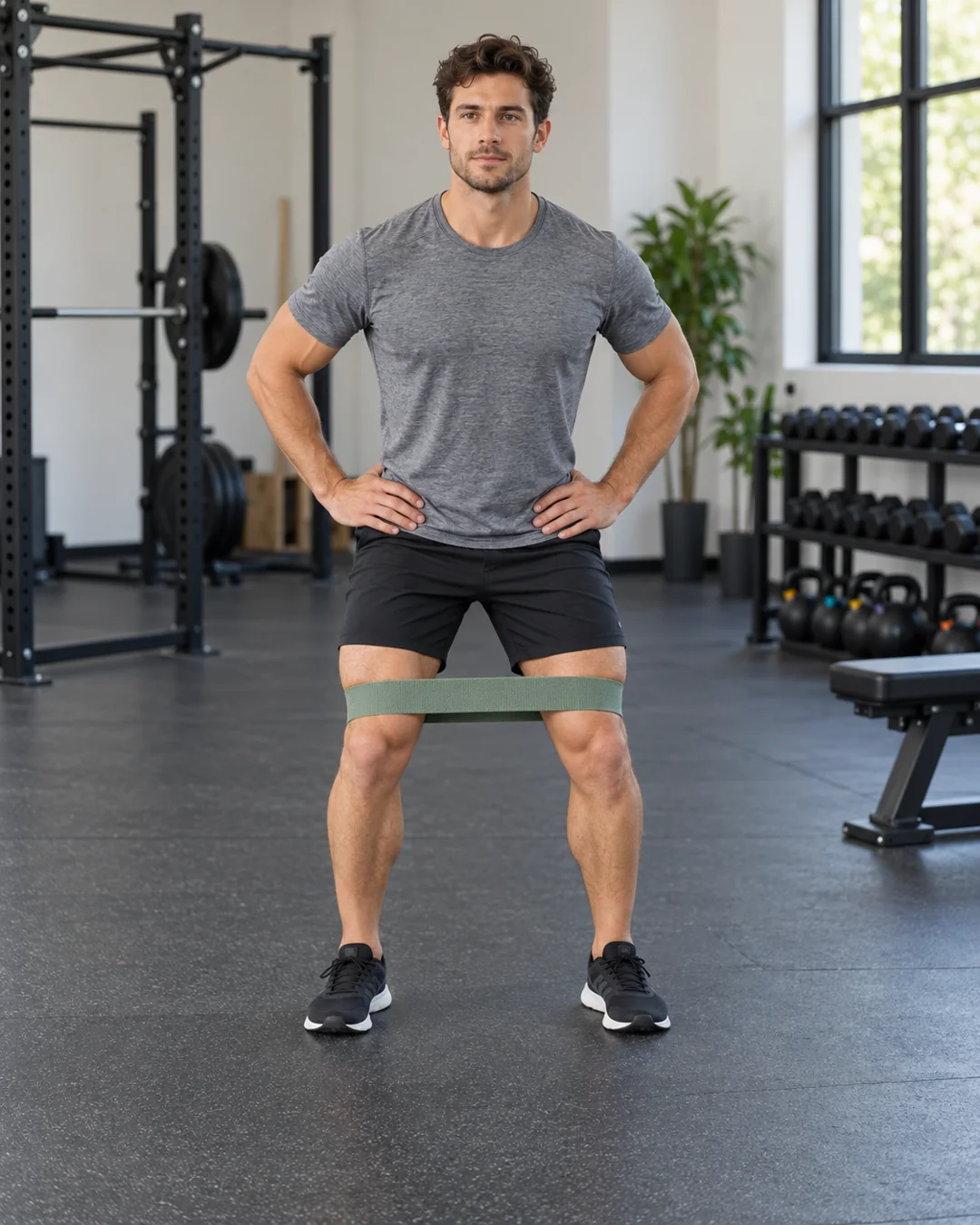 Man standing with a loop band above his knees in the starting position for a lateral band walk.