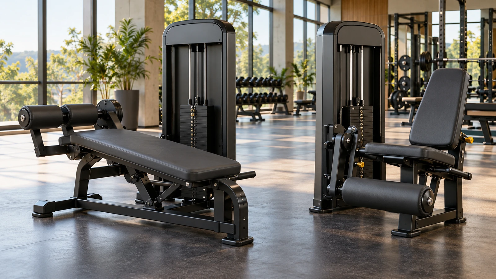 Lying leg curl machine beside a seated leg extension machine in a bright gym.