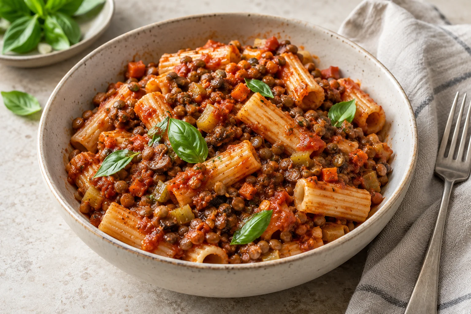 Rigatoni coated in tomato, brown lentil, and mushroom bolognese with fresh basil in a ceramic bowl.