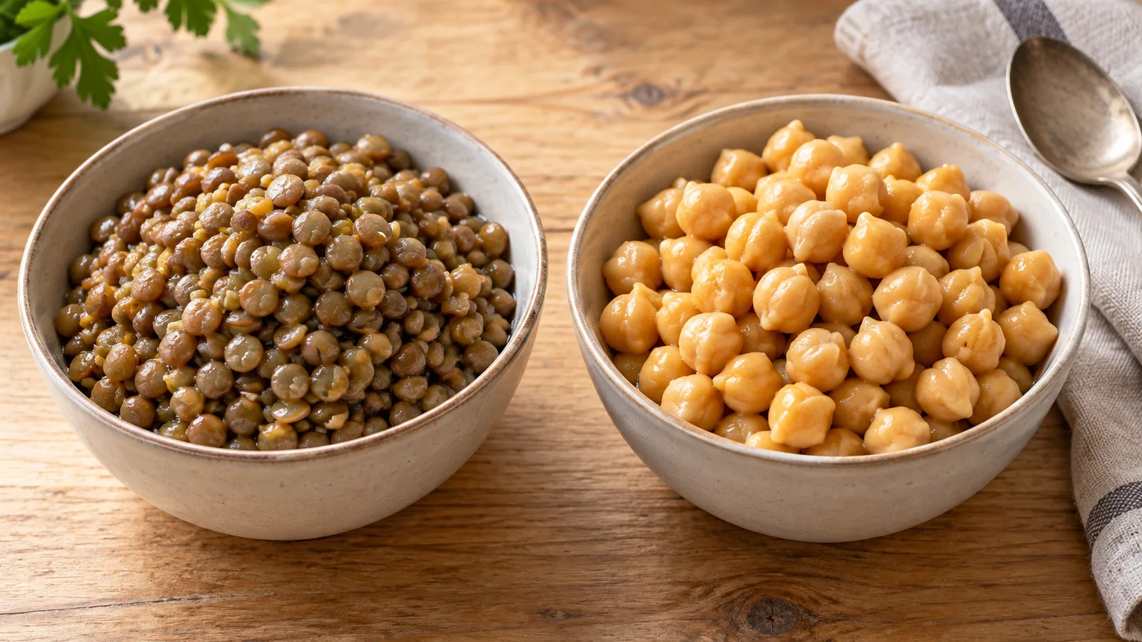 Separate bowls of cooked green lentils and cooked chickpeas on a kitchen table.