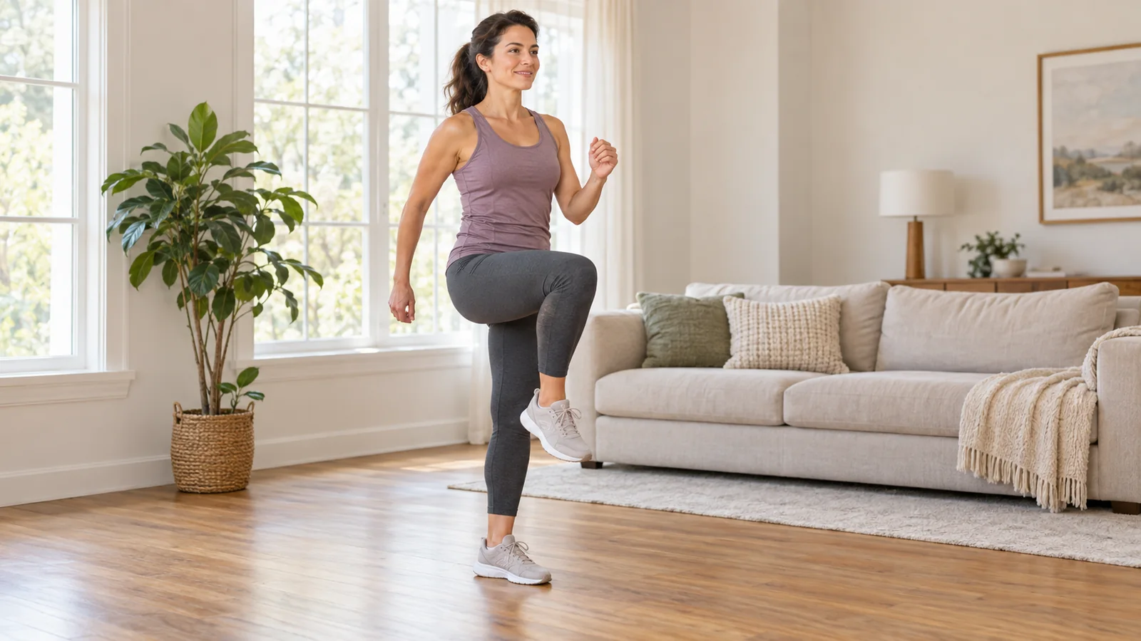 Woman marching in place at home with one knee raised and her arms bent at her sides.