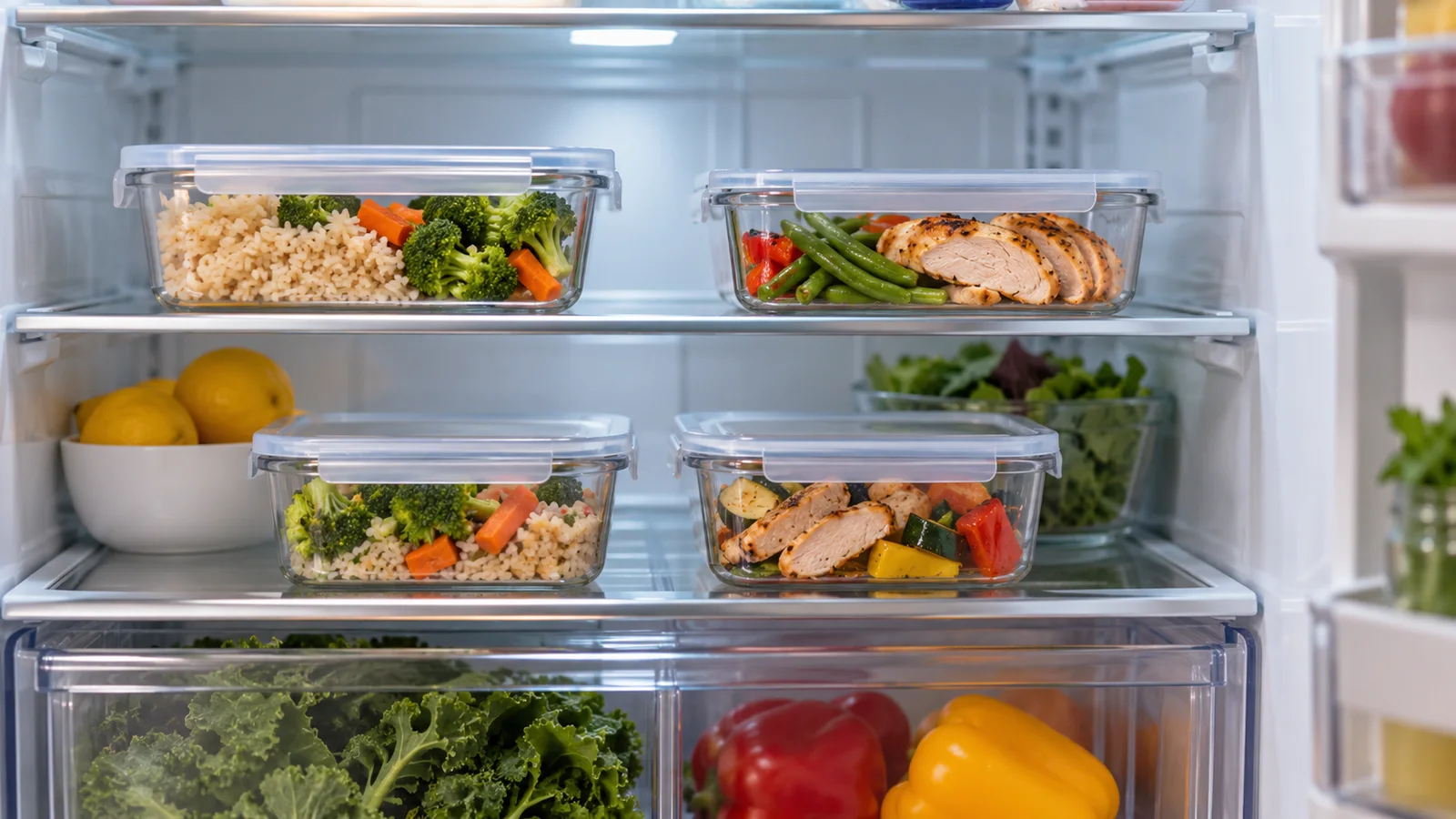 Lidded shallow meal containers arranged neatly on the shelves of a clean refrigerator.
