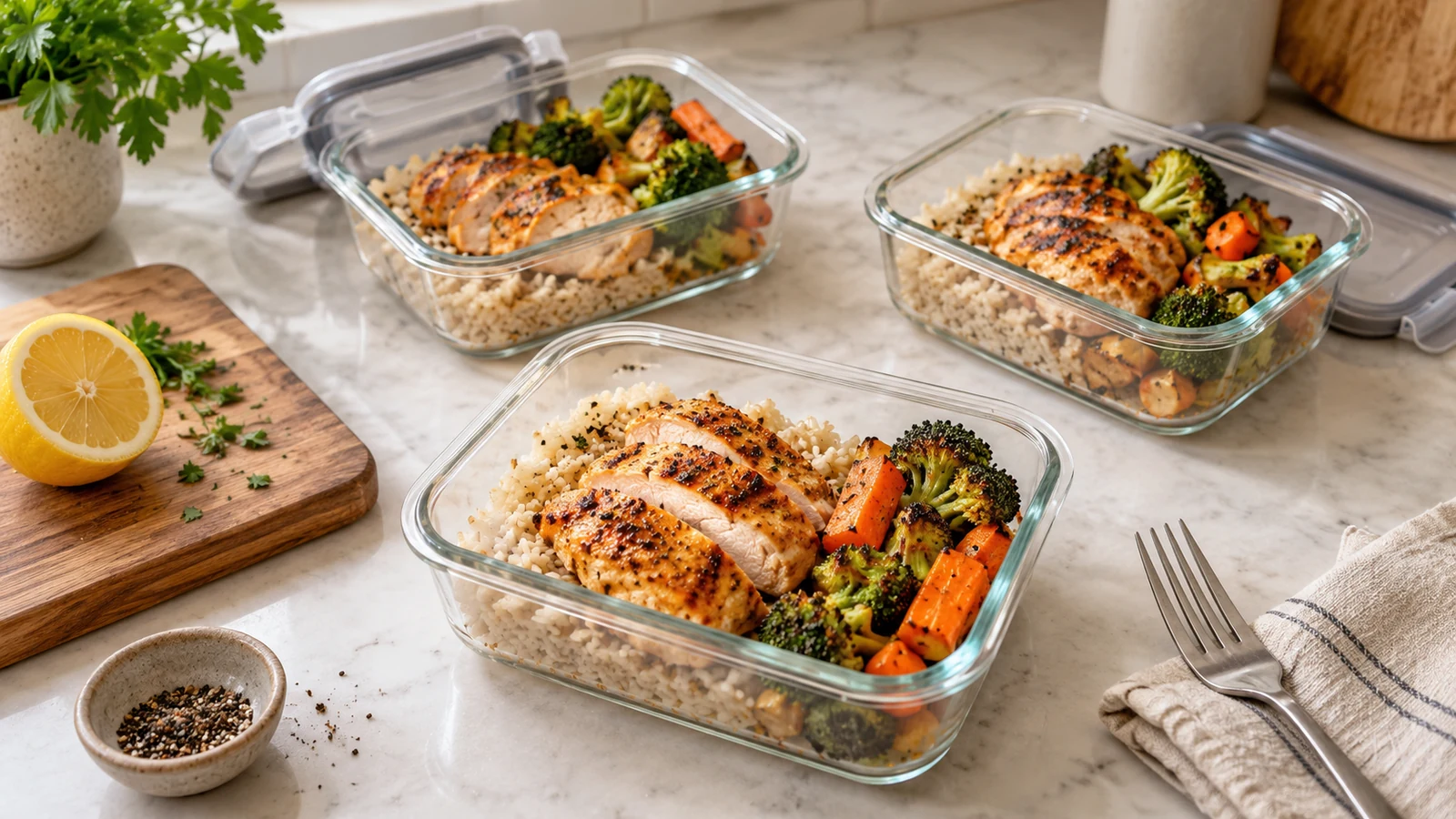 Three individual meal-prep containers with rice, chicken, and vegetables.