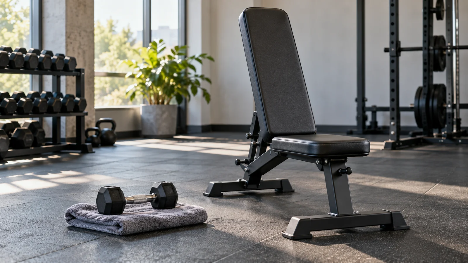 Hex dumbbell and upright exercise bench in a sunlit gym.