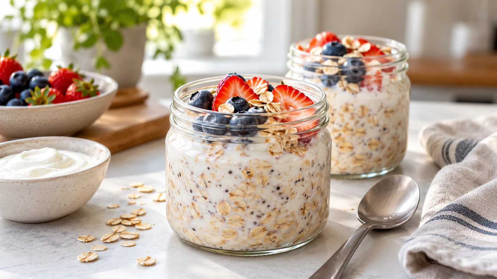 Two jars of creamy overnight oats with Greek yogurt, blueberries and sliced strawberries.