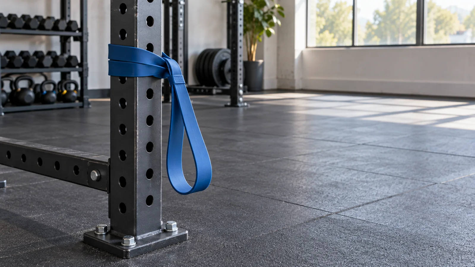 A resistance band securely anchored to a gym rack at waist height for a Pallof press.