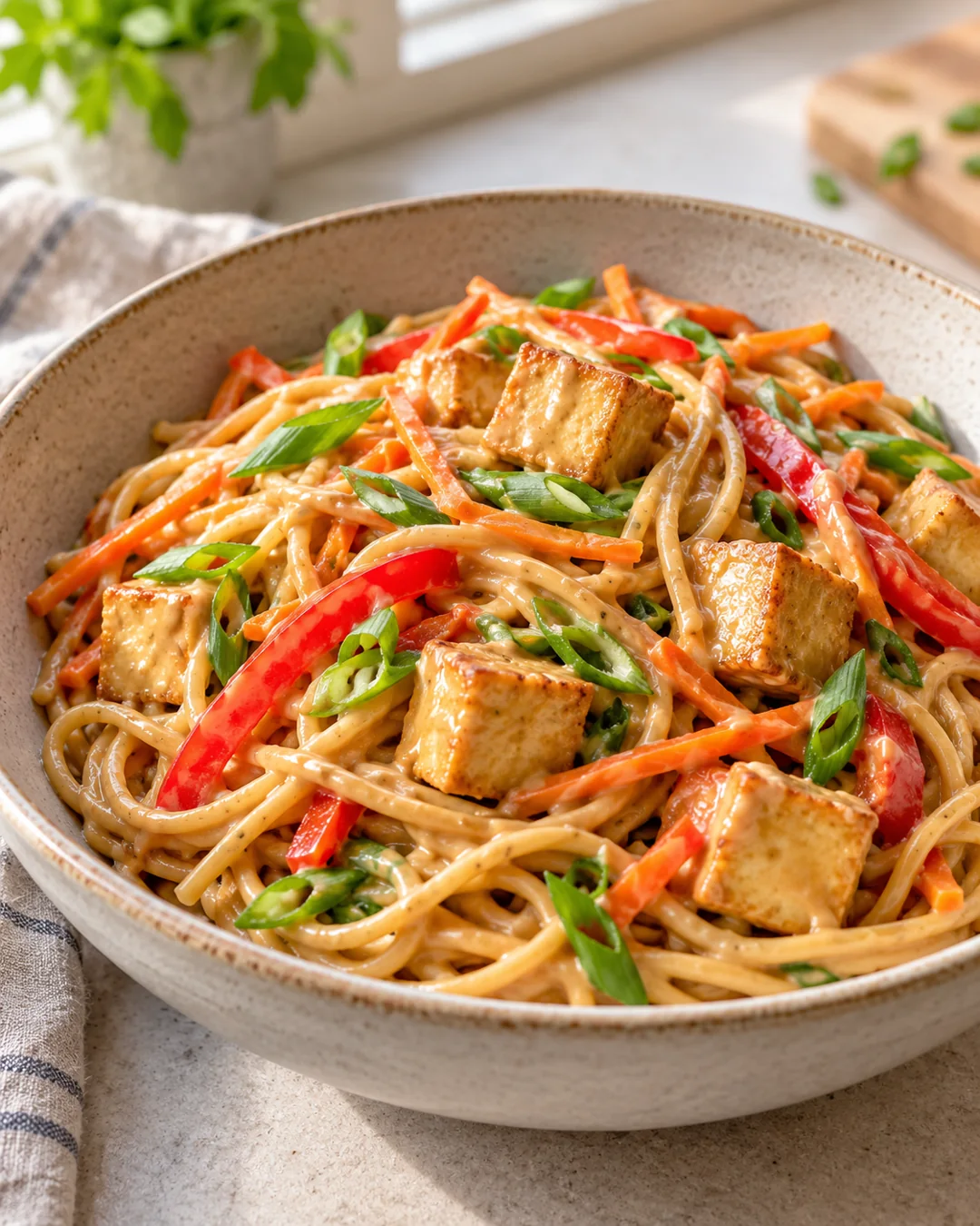 Noodles in peanut sauce with golden tofu cubes, carrot strips, red pepper and scallions.