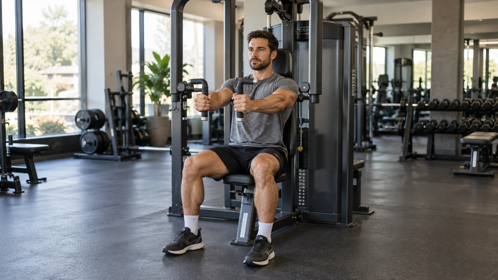 A man seated at a pec deck machine holding the chest-fly handles.