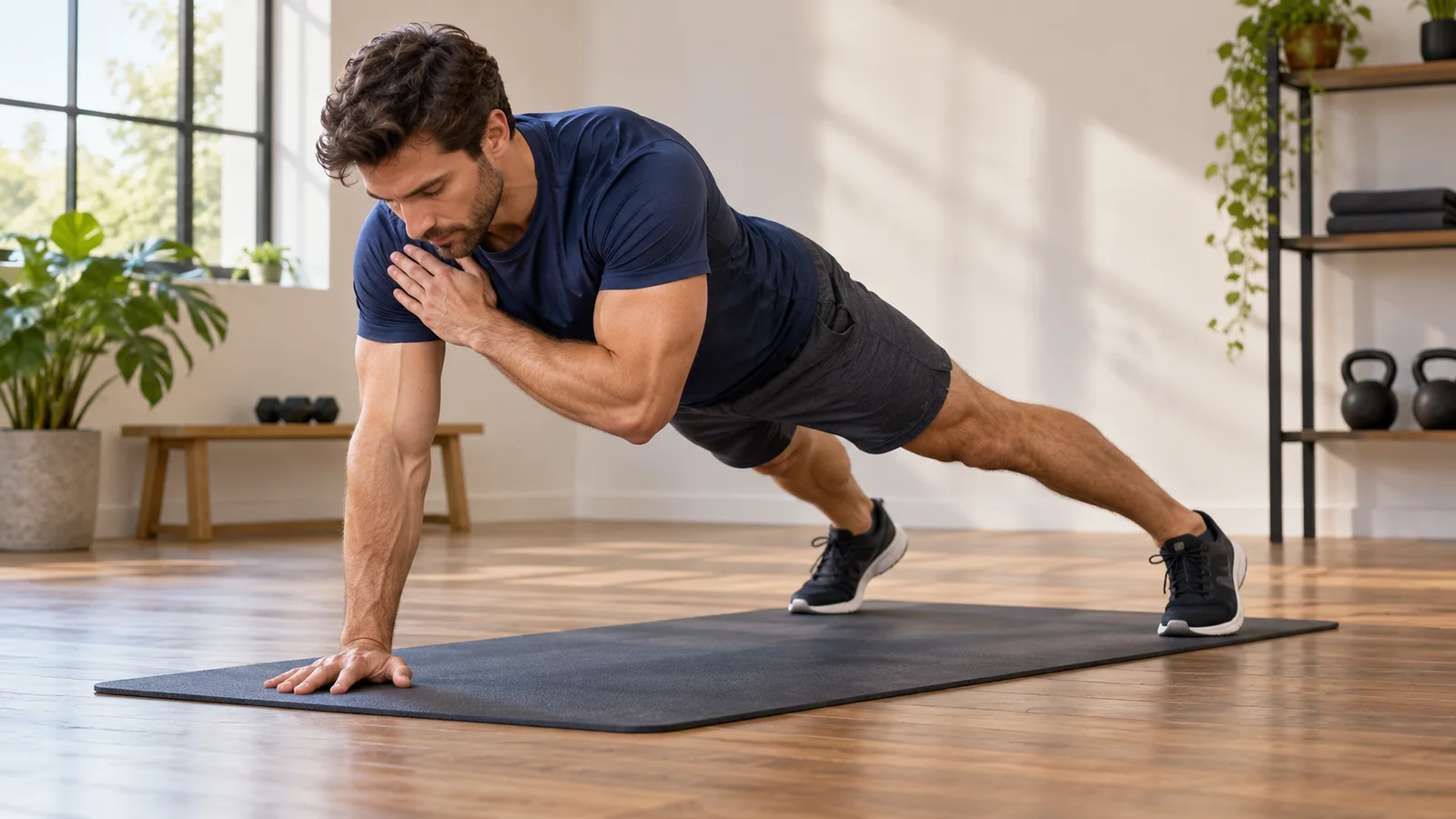 Adult in a straight-leg high plank touching the opposite shoulder with one hand while the feet remain wide for support.