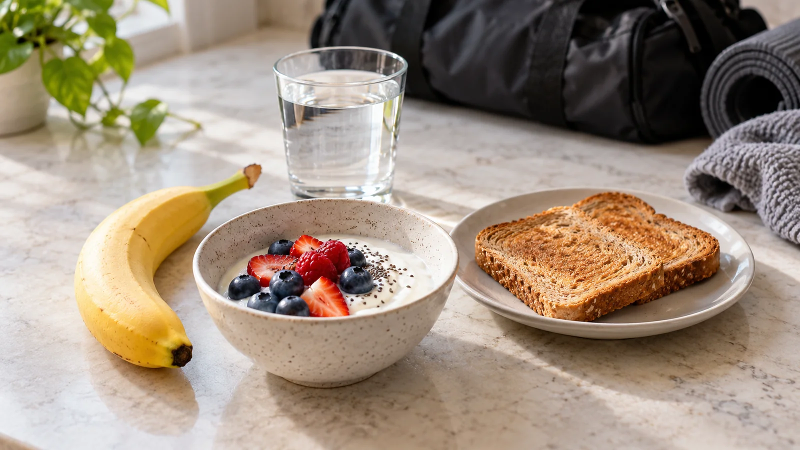Banana, yogurt with berries, toast and water arranged as pre-workout snack options