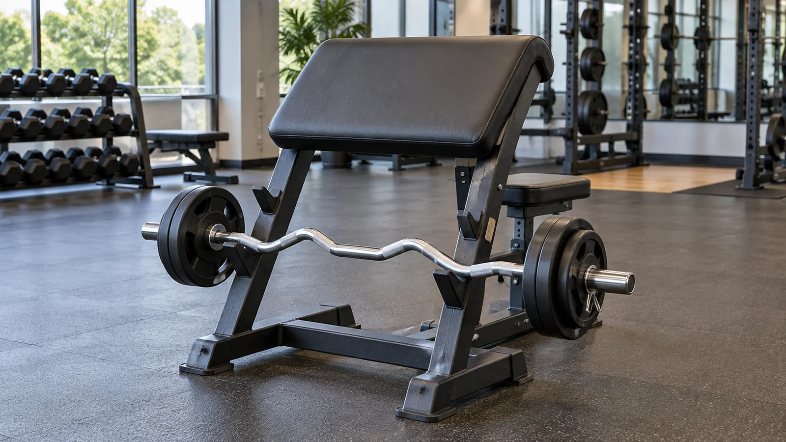 Preacher curl bench with an angled arm pad and an EZ bar resting securely on its rack.