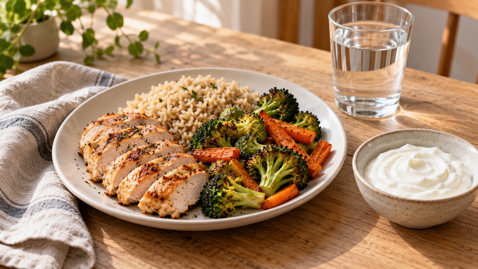 Chicken, brown rice and roasted vegetables with a bowl of plain yogurt
