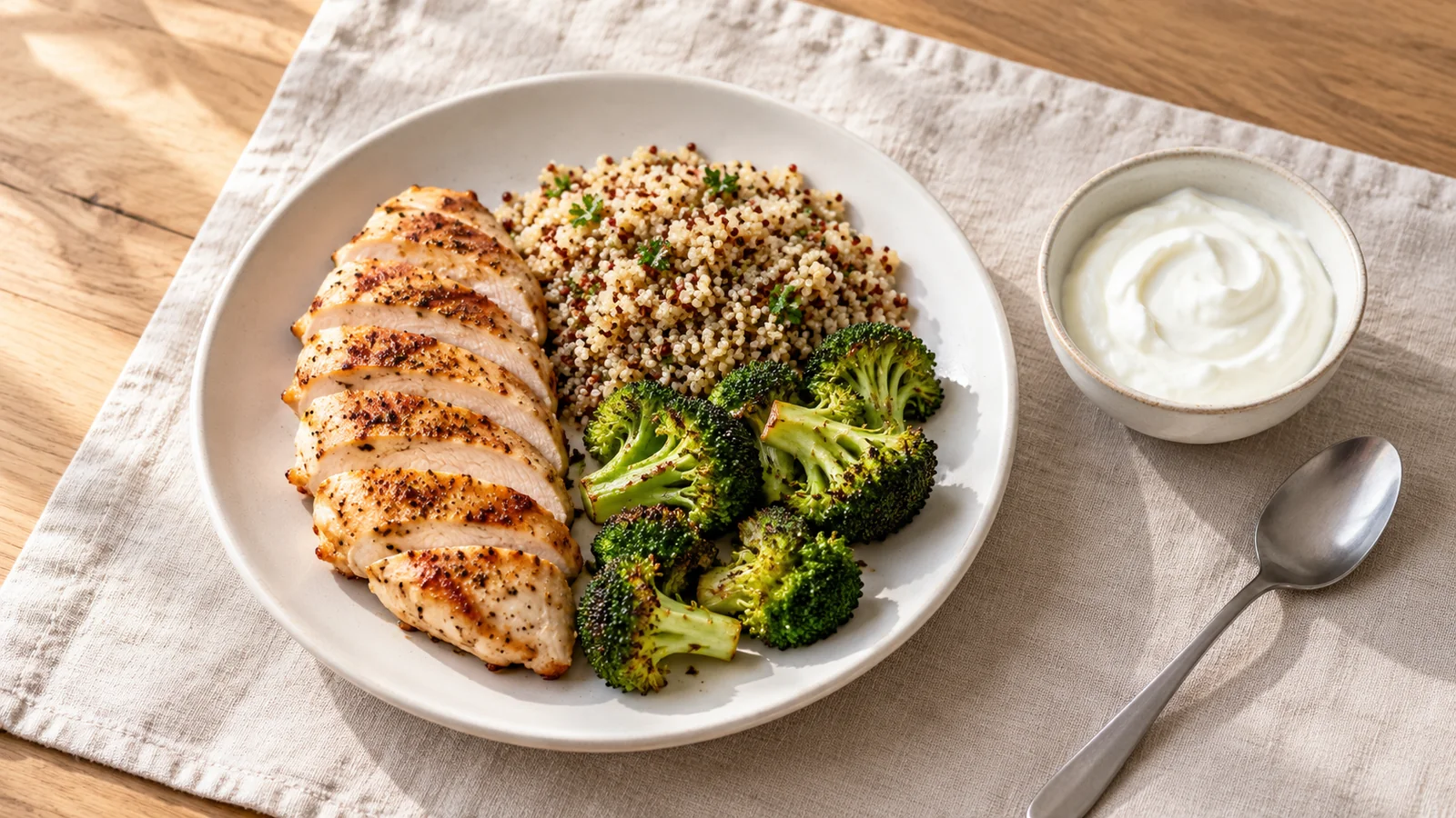 Sliced cooked chicken, quinoa and roasted broccoli on a plate beside a bowl of plain yogurt.