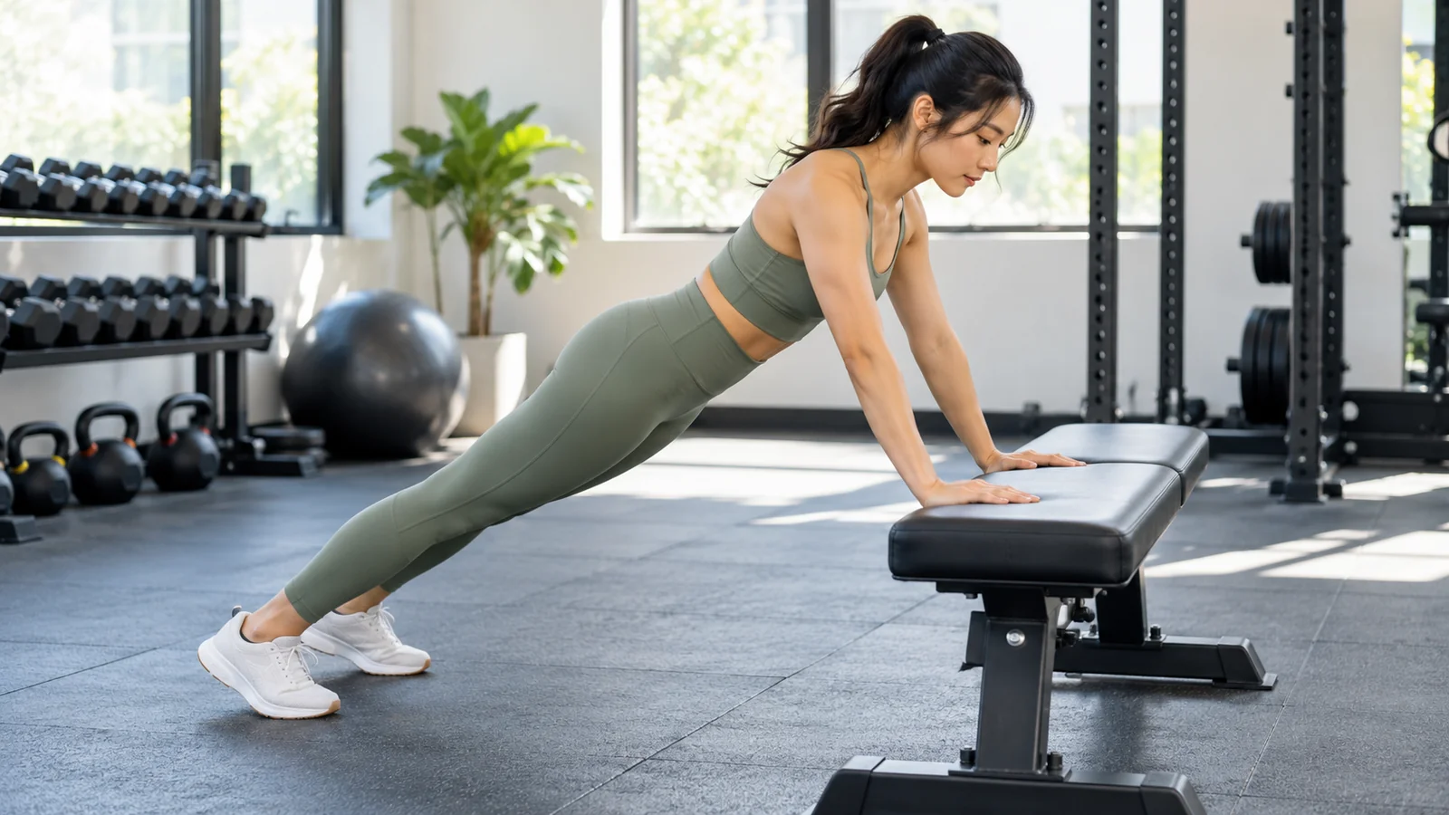 Woman holding the top of an incline push-up on a sturdy gym bench