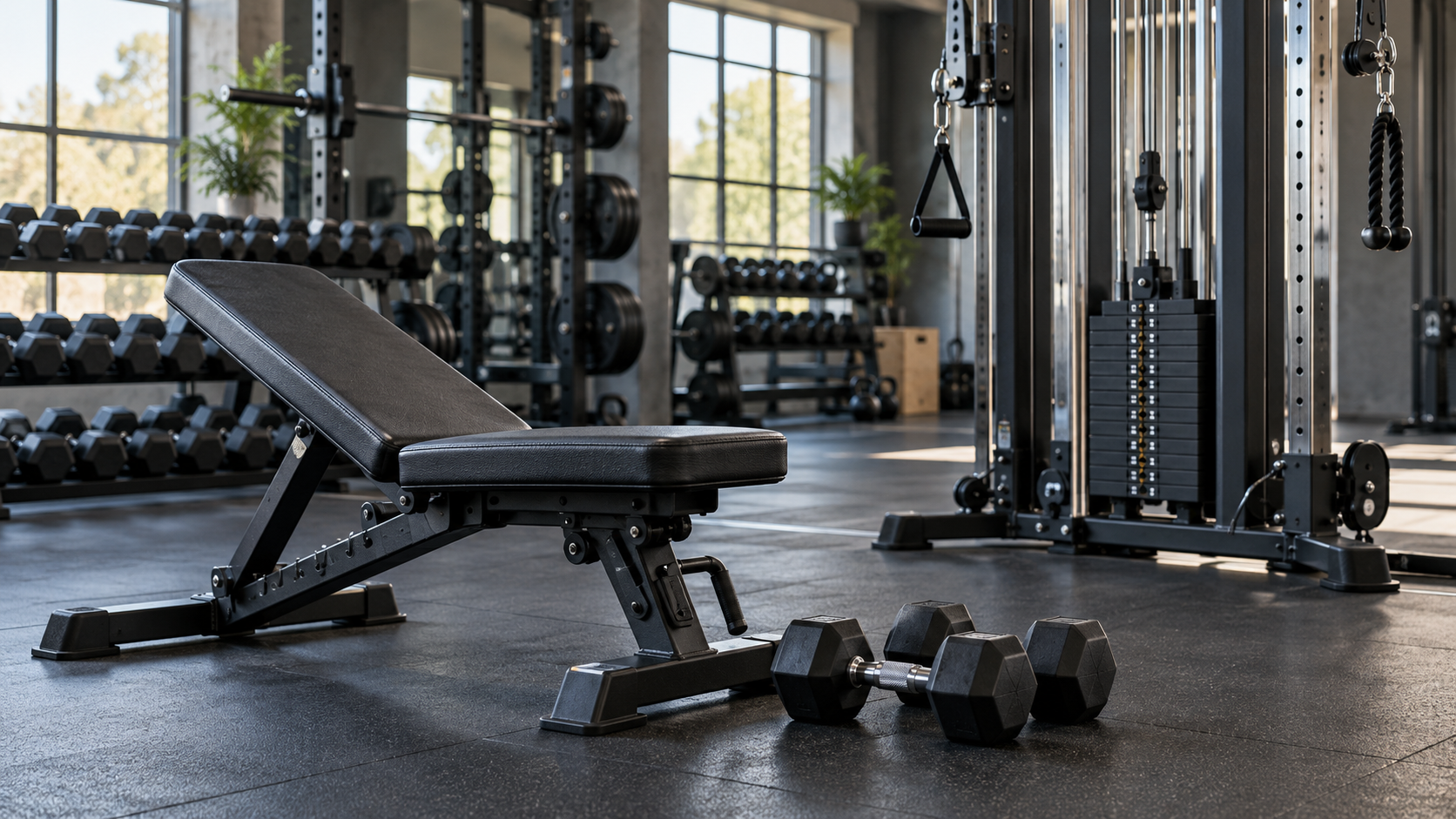 Dumbbells beside an adjustable bench and cable machine in a gym.
