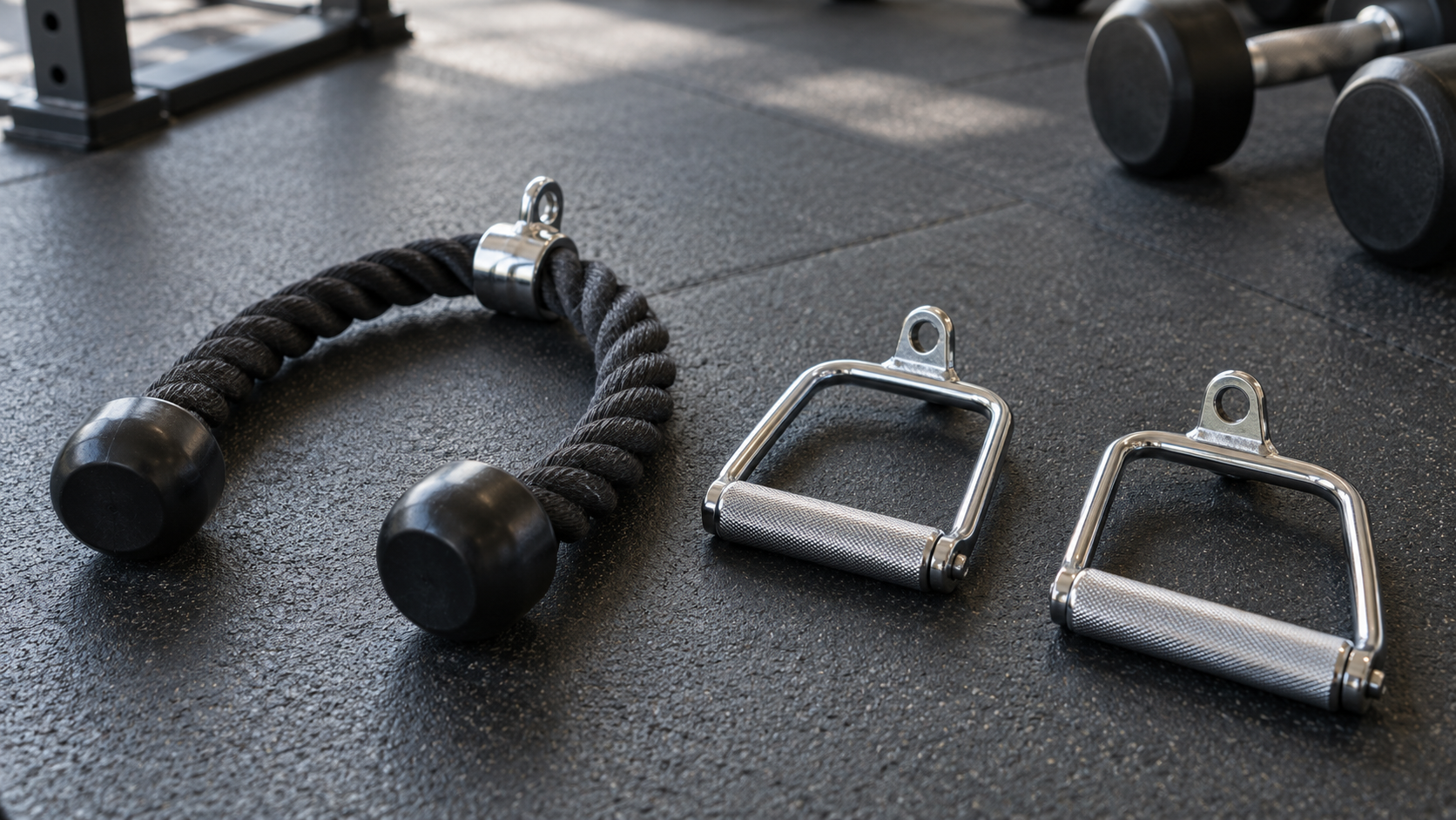 A rope attachment and two single-grip cable handles on a gym floor.
