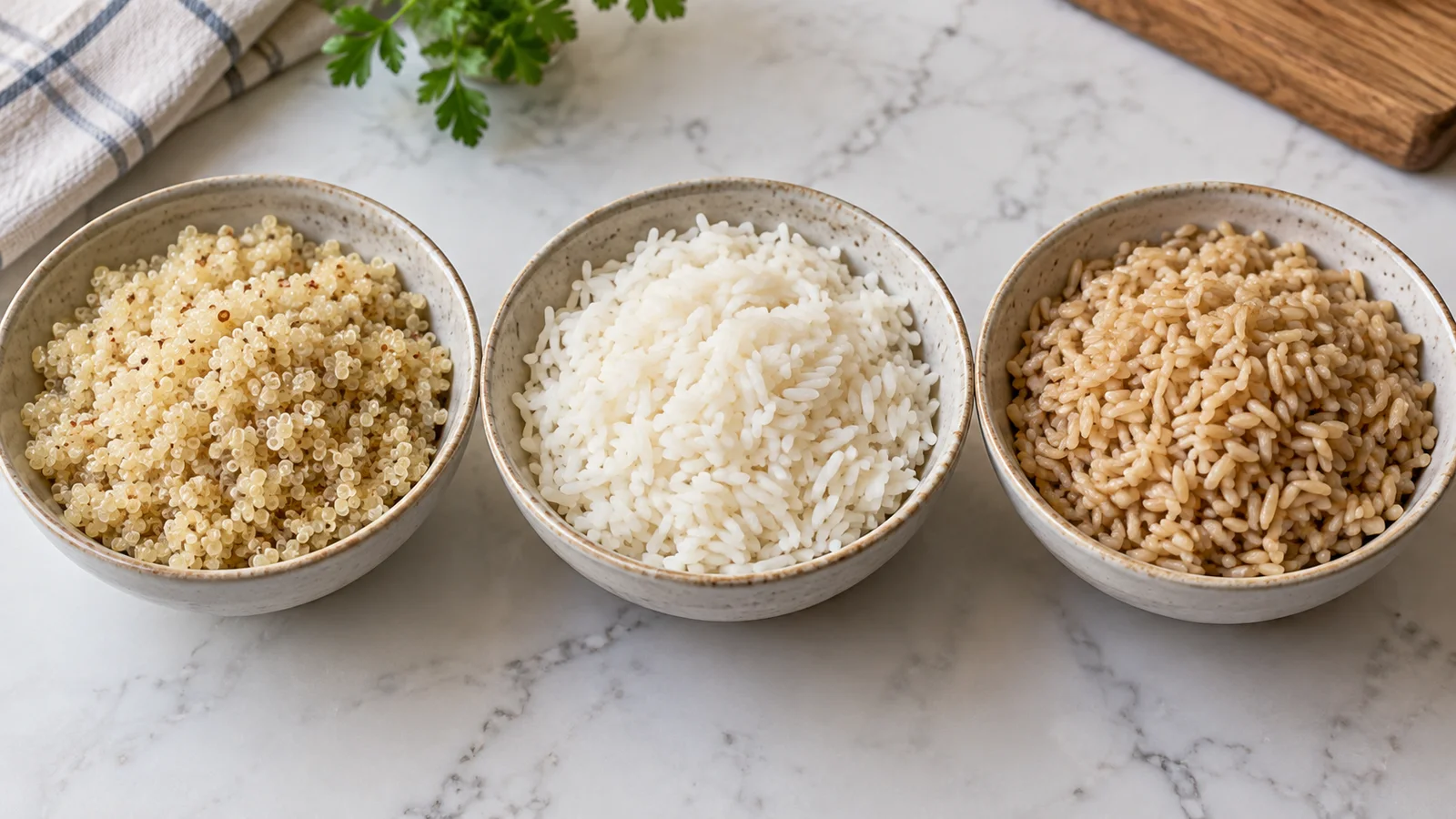Bowls of cooked quinoa, white rice, and brown rice arranged side by side.