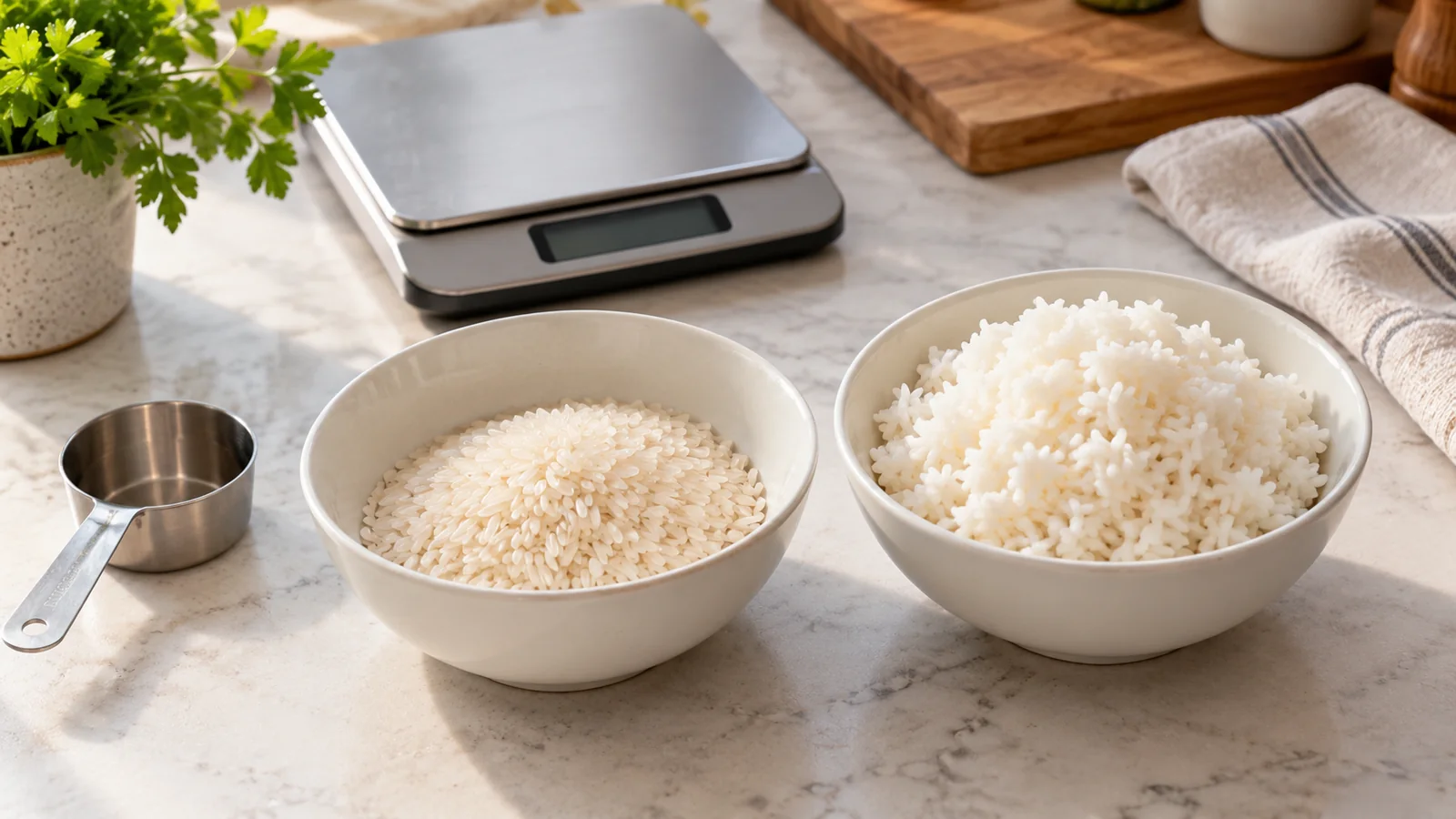 Bowls of dry and cooked white rice beside a kitchen scale and measuring scoop.