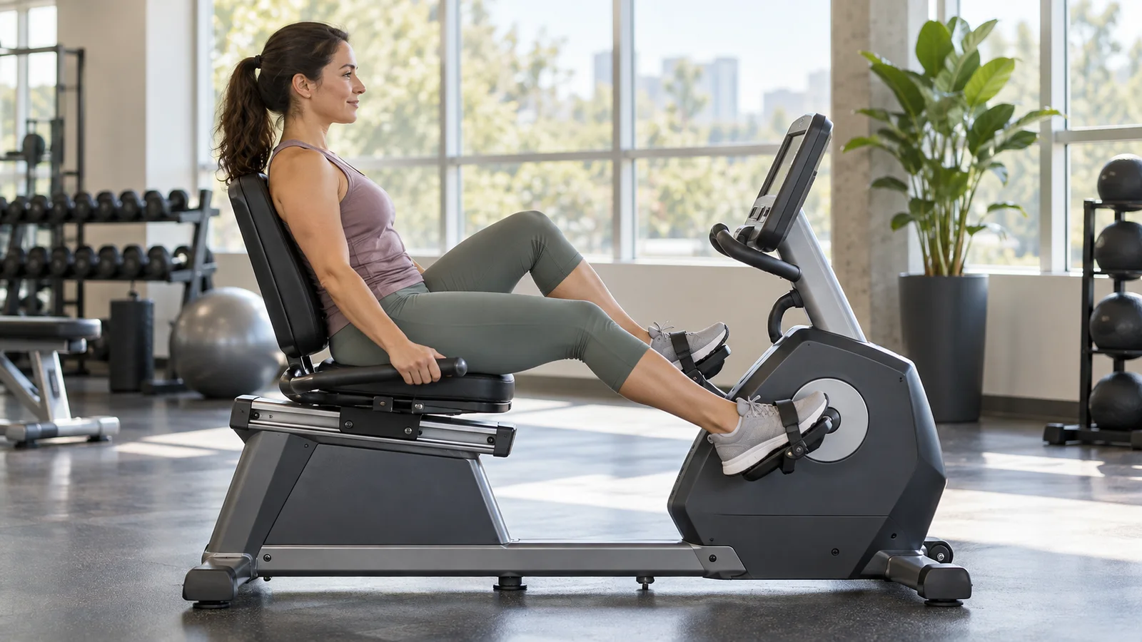 Beginner pedaling a recumbent bike with a supported back and a slight bend in the extended knee.