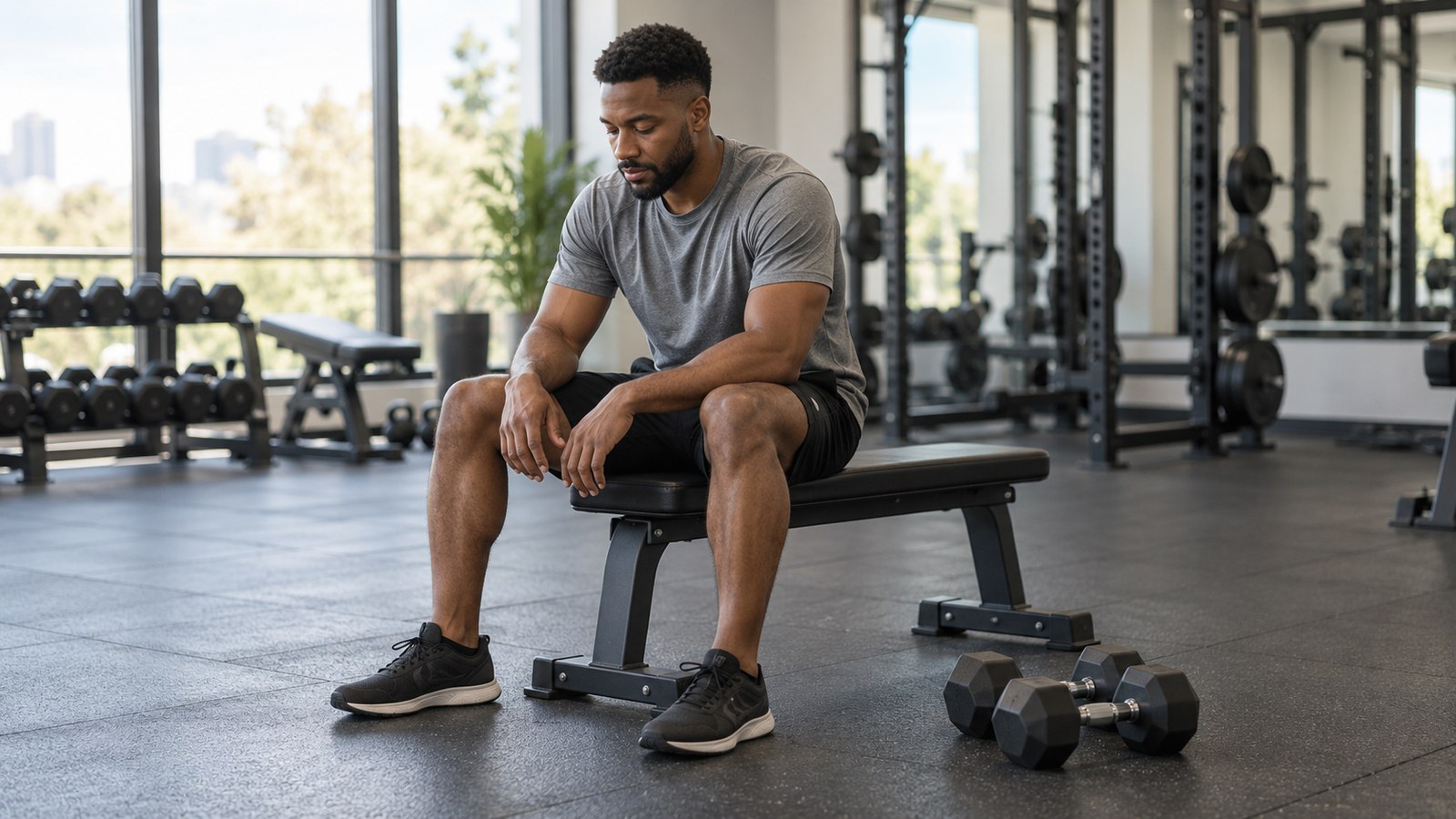 Man seated on a gym bench pausing between strength-training sets