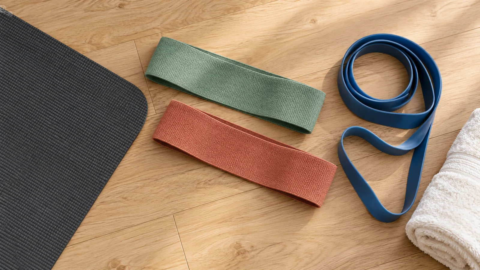 Fabric loop bands and a long resistance band arranged beside an exercise mat and towel.