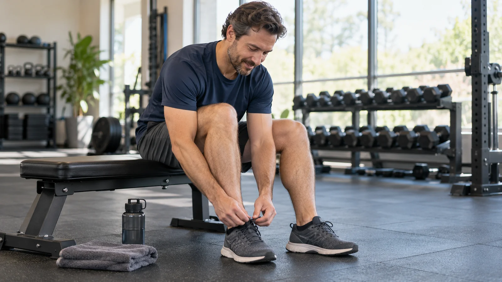 Man tying his training shoes on a gym bench before a workout