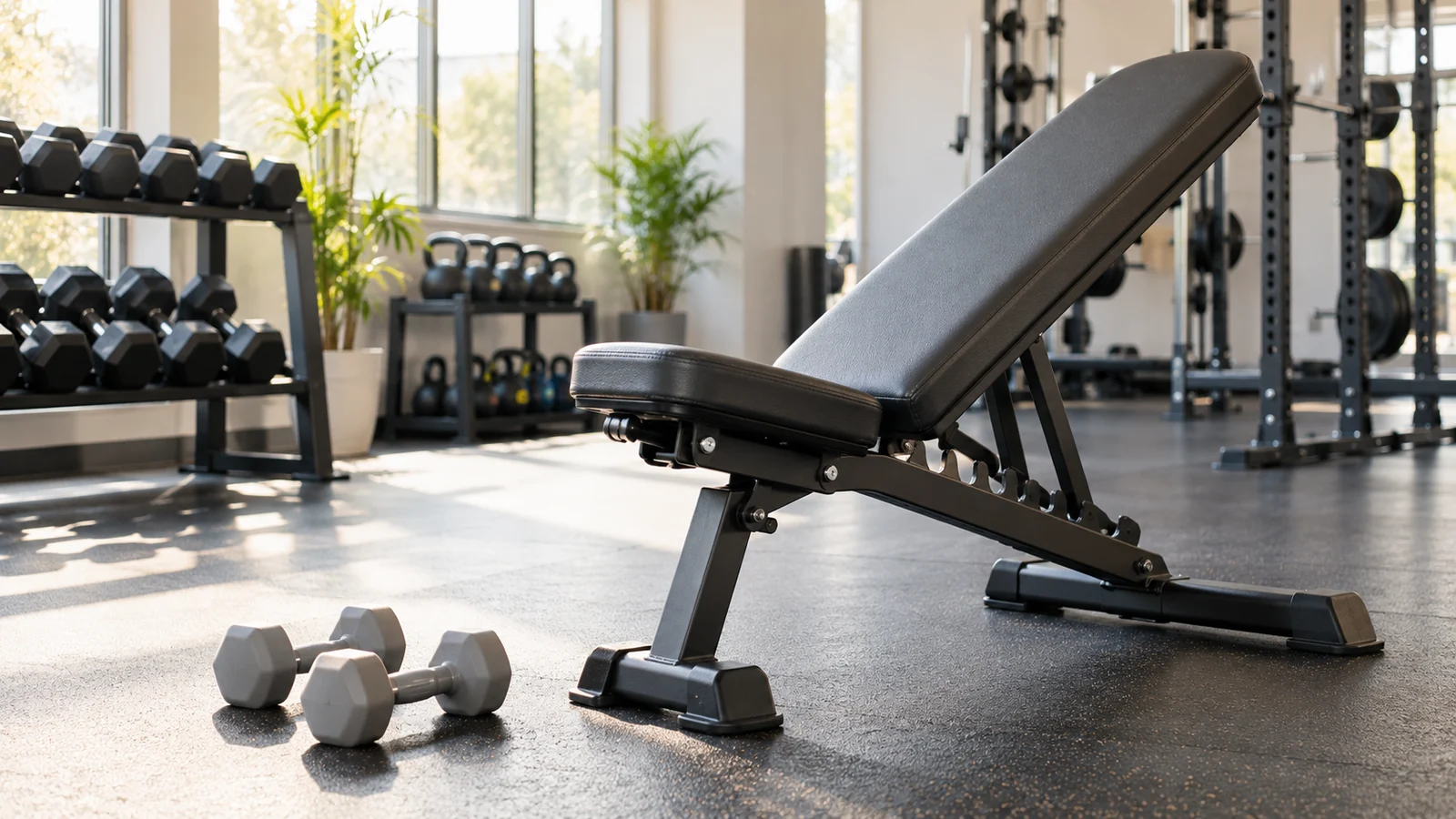 Light dumbbells beside an adjustable incline bench in a bright gym.
