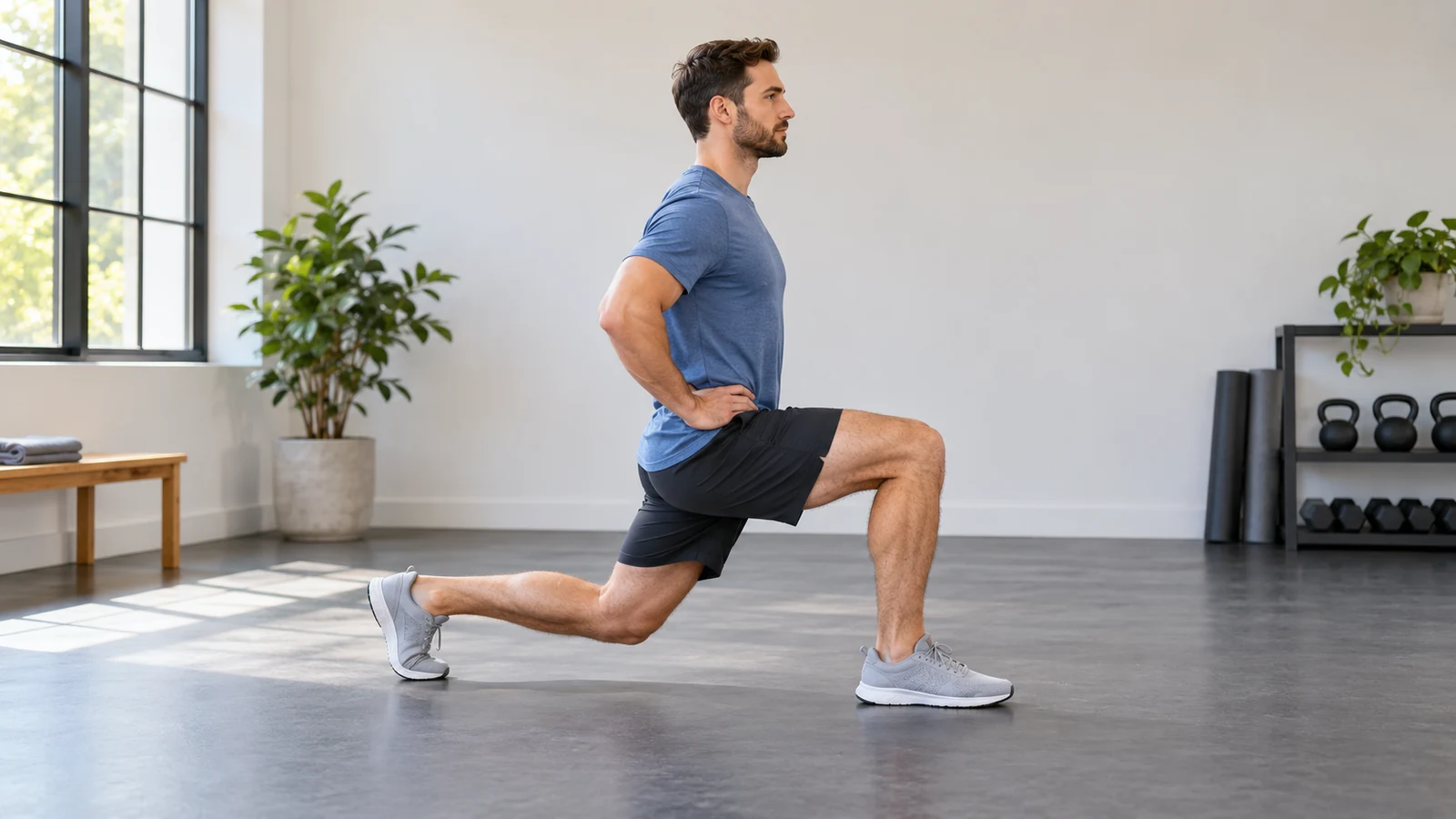Adult holding a reverse lunge position in a bright exercise studio.