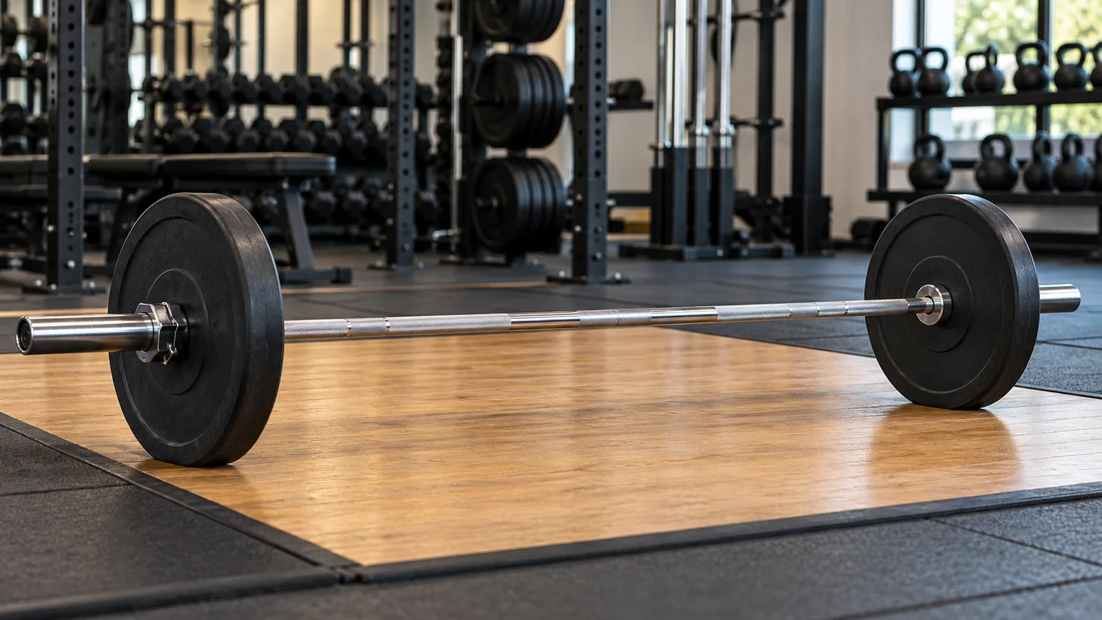 A barbell with black bumper plates resting on a wooden lifting platform.