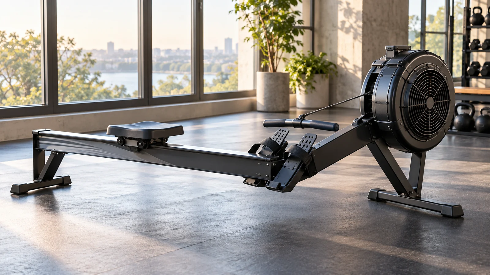 Air-resistance rowing machine with sliding seat, handle and strapped footplates.