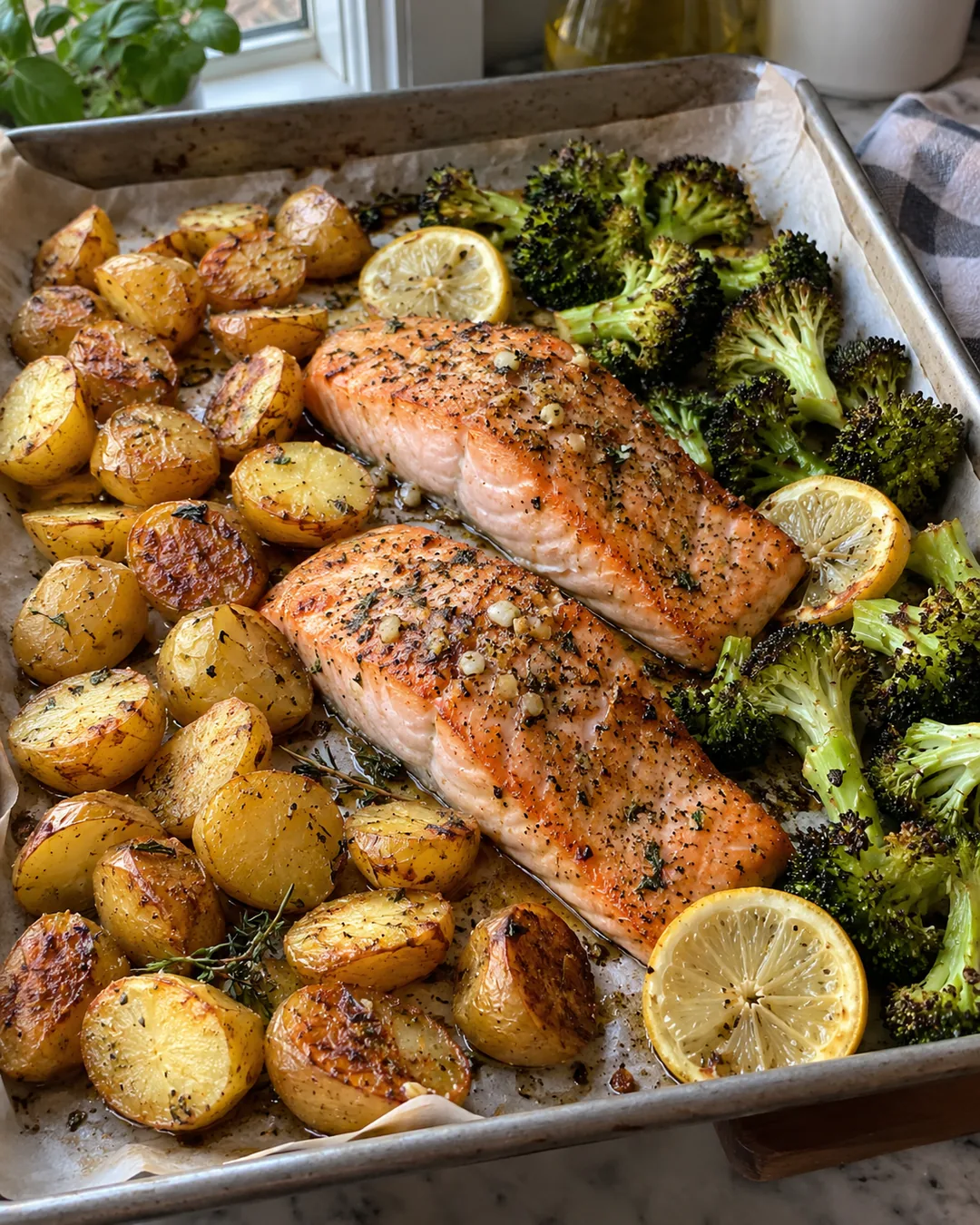 Baked salmon fillets with roasted potatoes, broccoli and lemon slices on a parchment-lined tray.