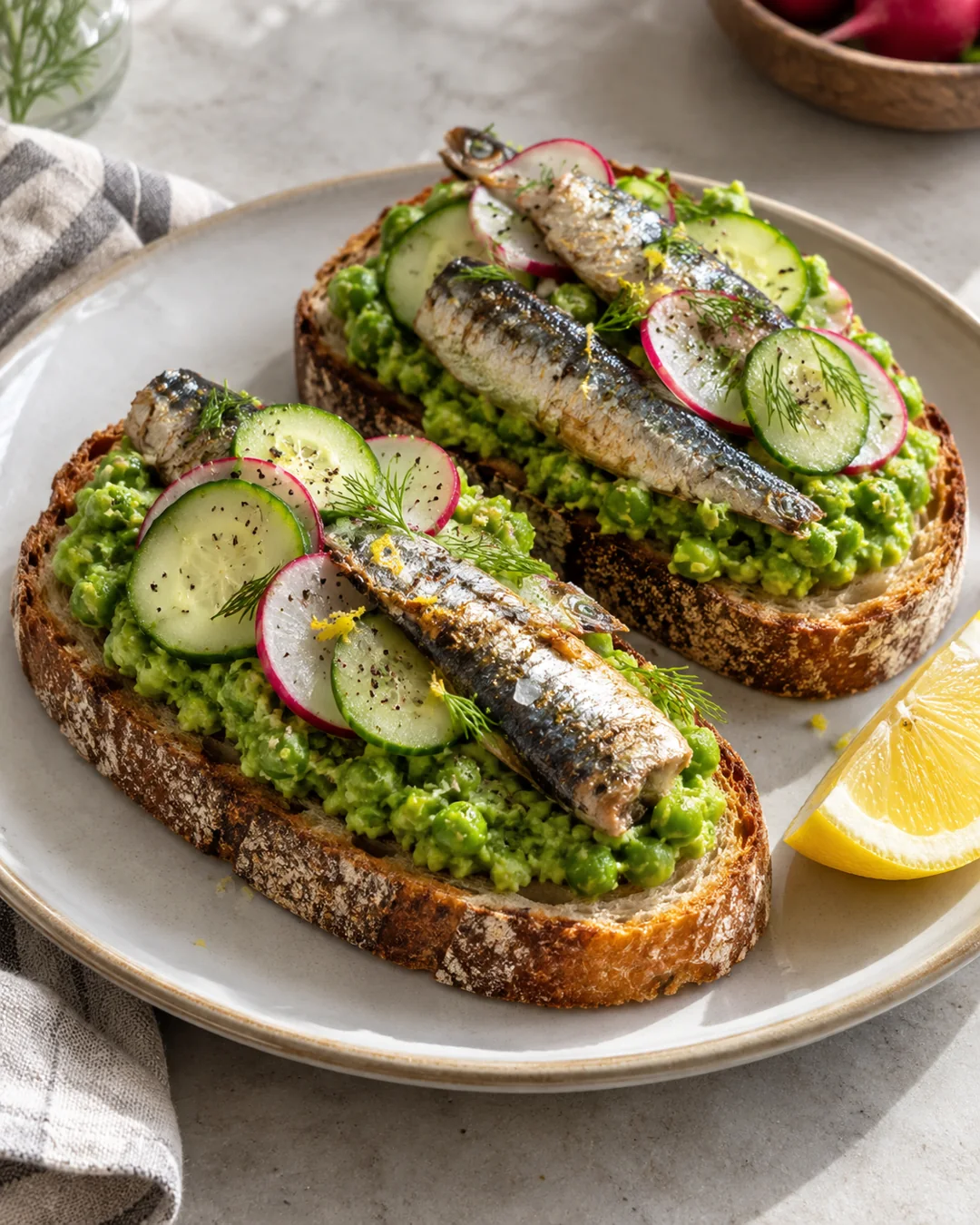 Sardines on thick toast with mashed peas, cucumber, radish and a lemon wedge.