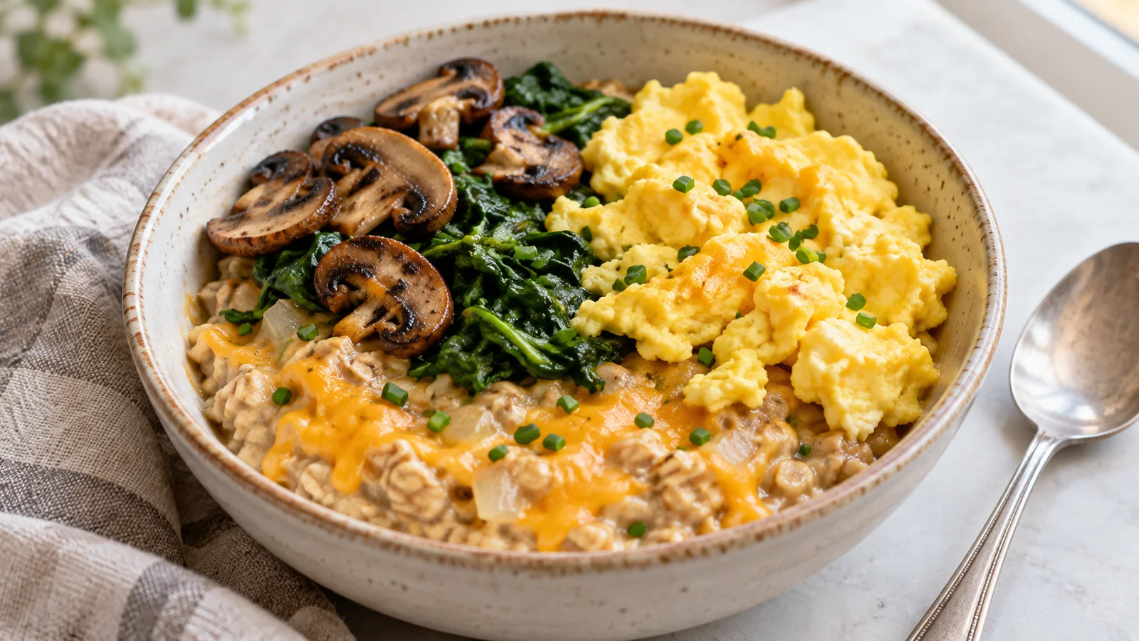 Cheesy savory oatmeal topped with scrambled eggs, browned mushrooms, spinach and chopped chives.