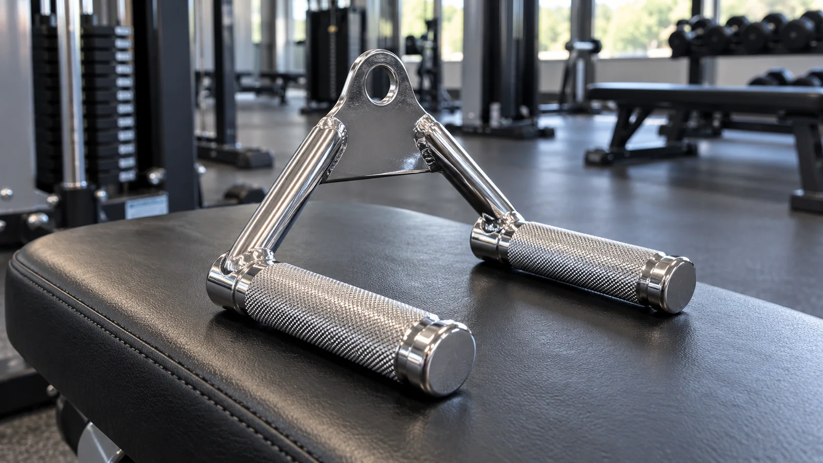 A chrome close-grip cable rowing handle resting on a black padded gym bench.