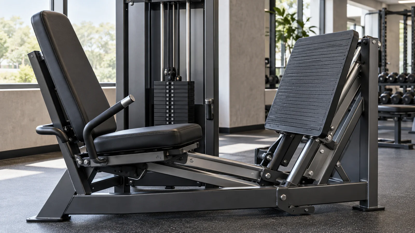 Seated leg press machine with a padded adjustable seat, handles, weight stack, and broad textured footplate.