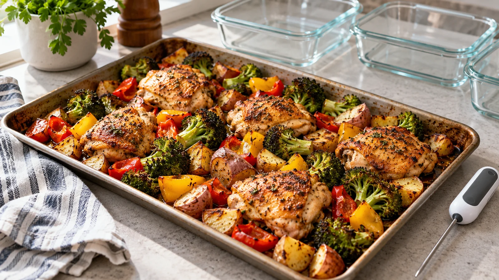 Roasted chicken and vegetables on a sheet pan beside meal-prep containers and a food thermometer.