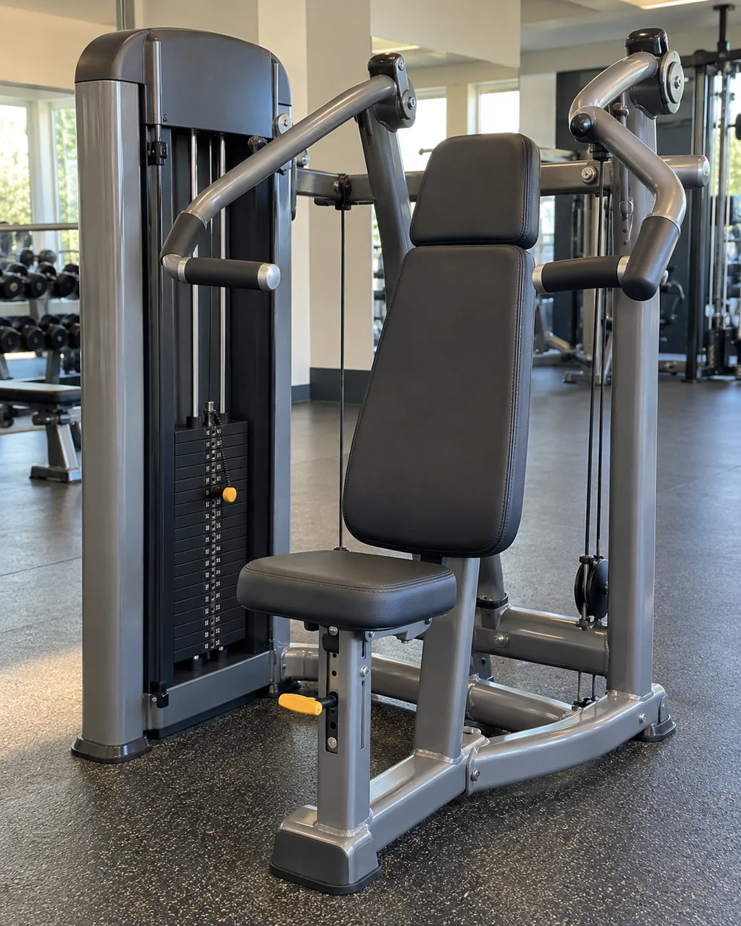 Unoccupied shoulder press machine with an adjustable padded seat, overhead lever arms and weight stack.