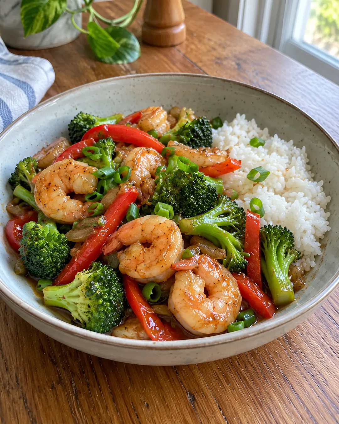 Shrimp stir fry with broccoli, red bell pepper and spring onion served beside white rice.