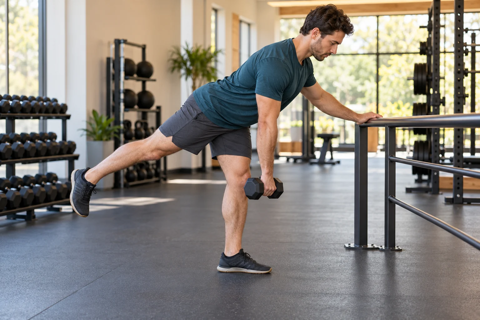 Athlete practicing a single-leg Romanian deadlift with one hand supported on a stable rack and a dumbbell in the other.