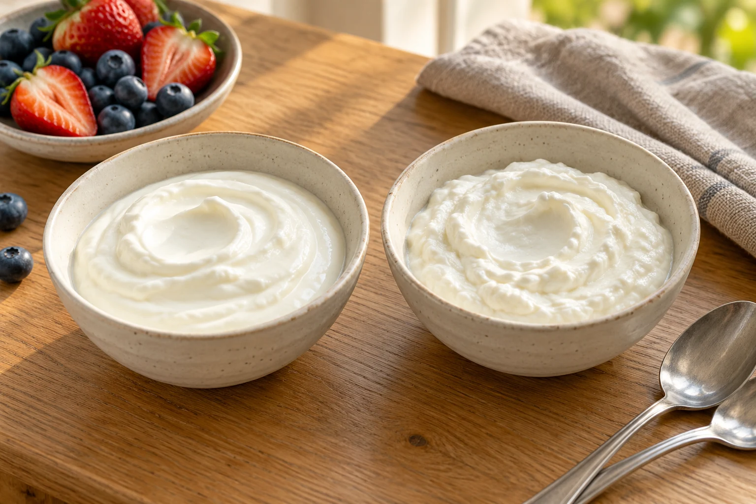 Two bowls of thick plain cultured yogurt with berries, spoons, and a linen napkin on a wooden table.