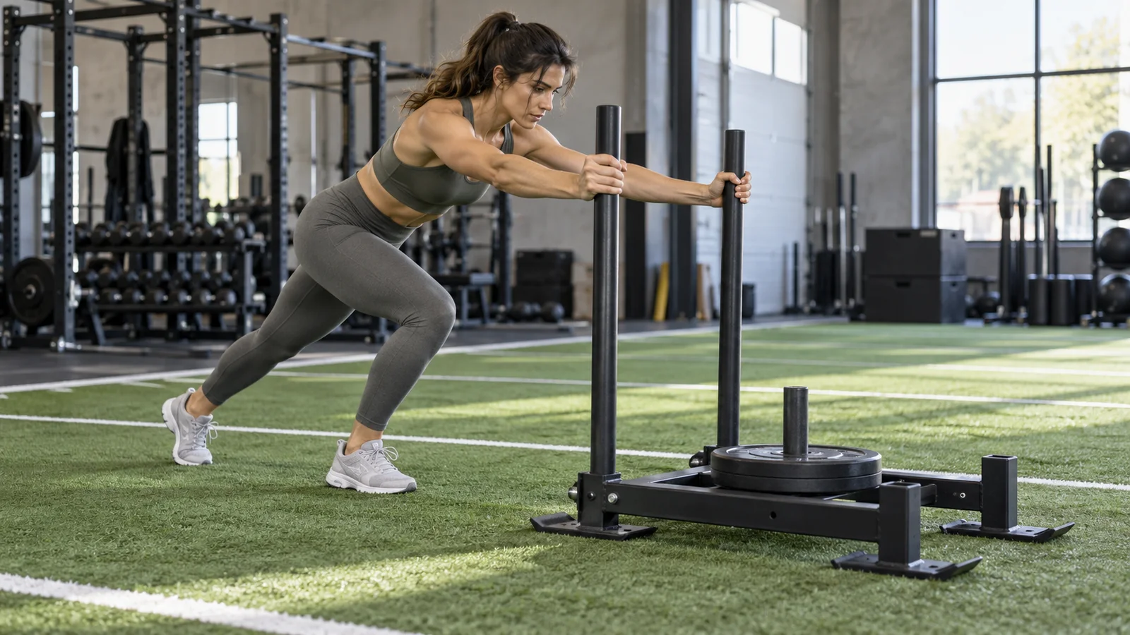 Adult leaning into the high handles of a weighted sled and pushing it along an indoor turf lane.