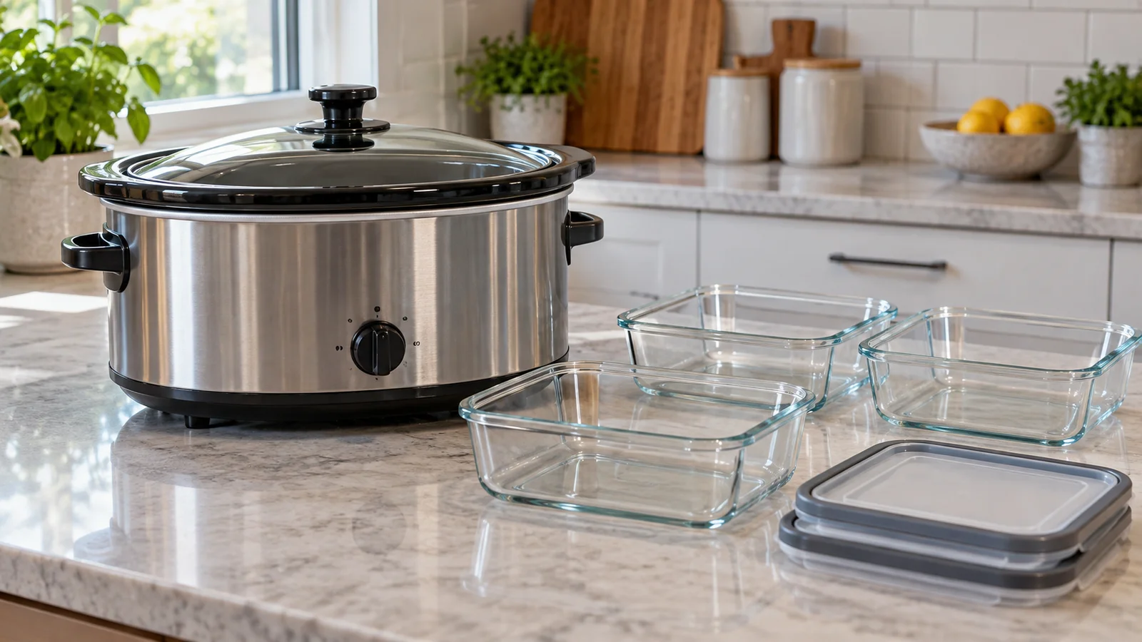 Slow cooker beside empty shallow glass containers for portioning meal prep.
