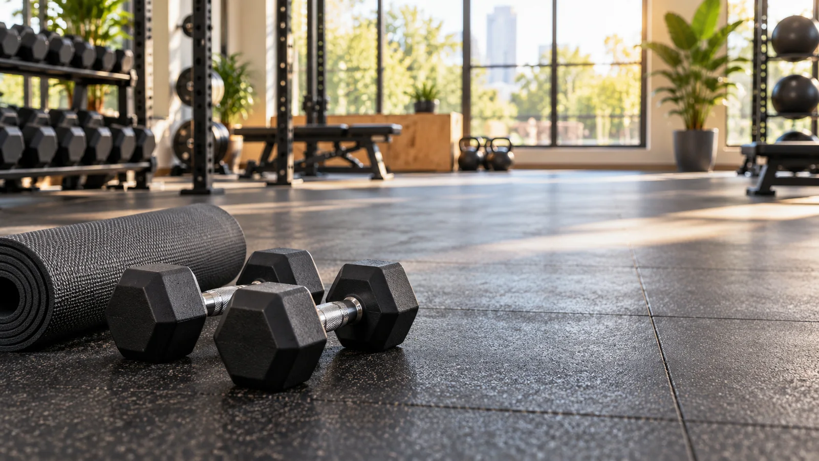 Dumbbells and a rolled exercise mat beside a clear gym floor for split squats and lunges