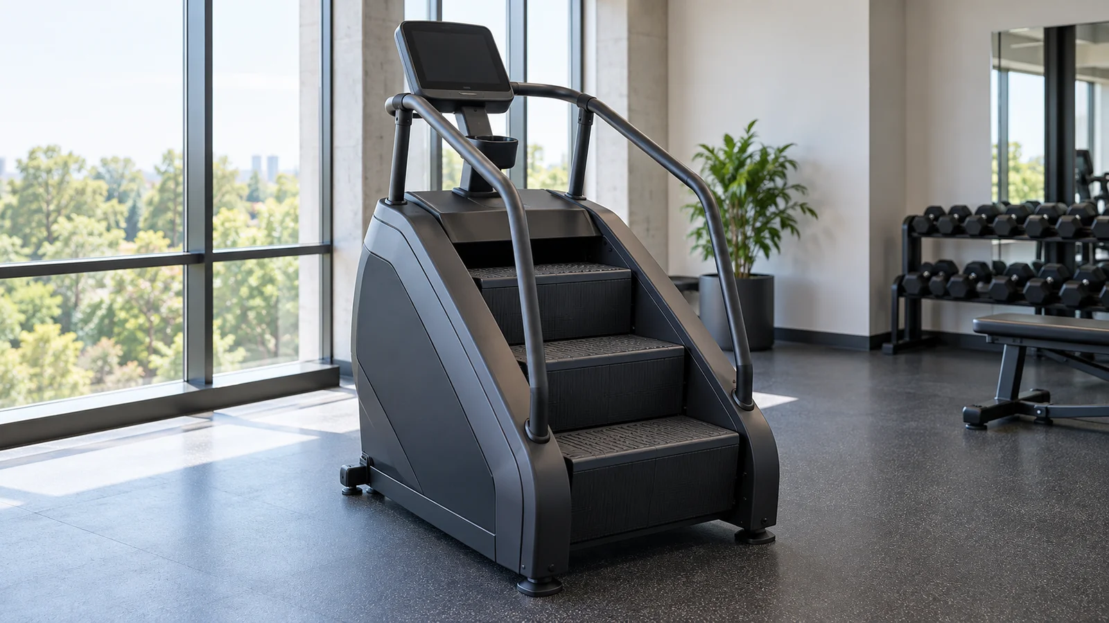 Unoccupied stair climber with broad steps and handrails in a bright gym.