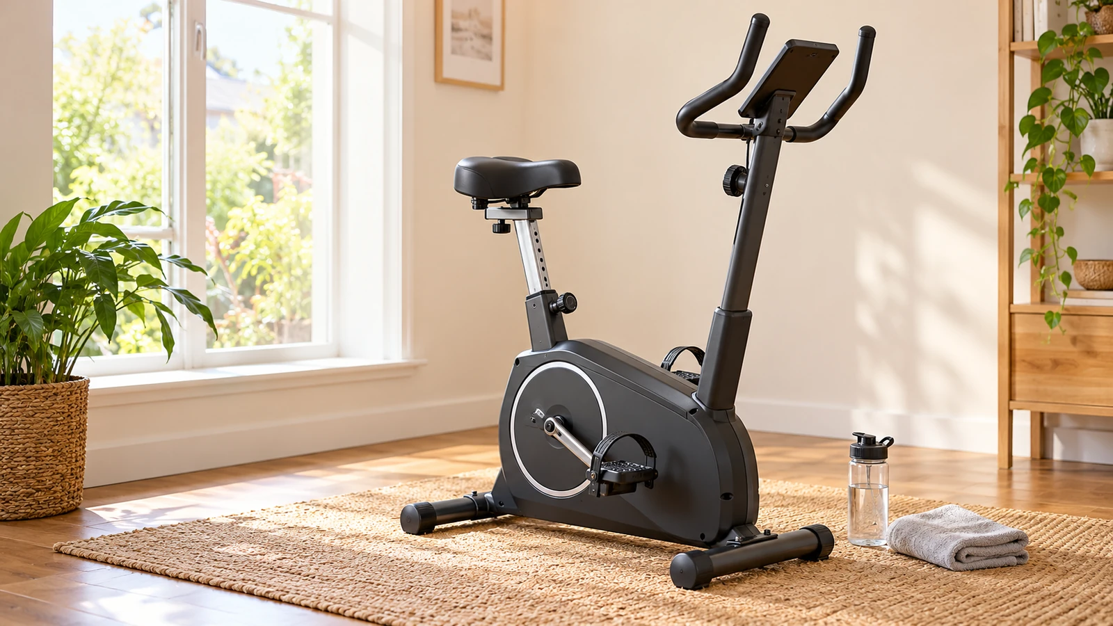 Upright stationary bike beside a window, with a water bottle and folded towel nearby.