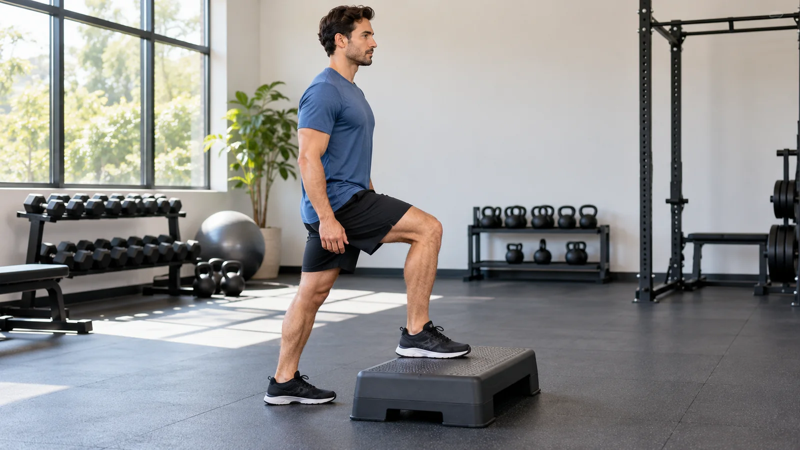 Adult preparing a bodyweight step-up with one foot planted on a low stable platform.