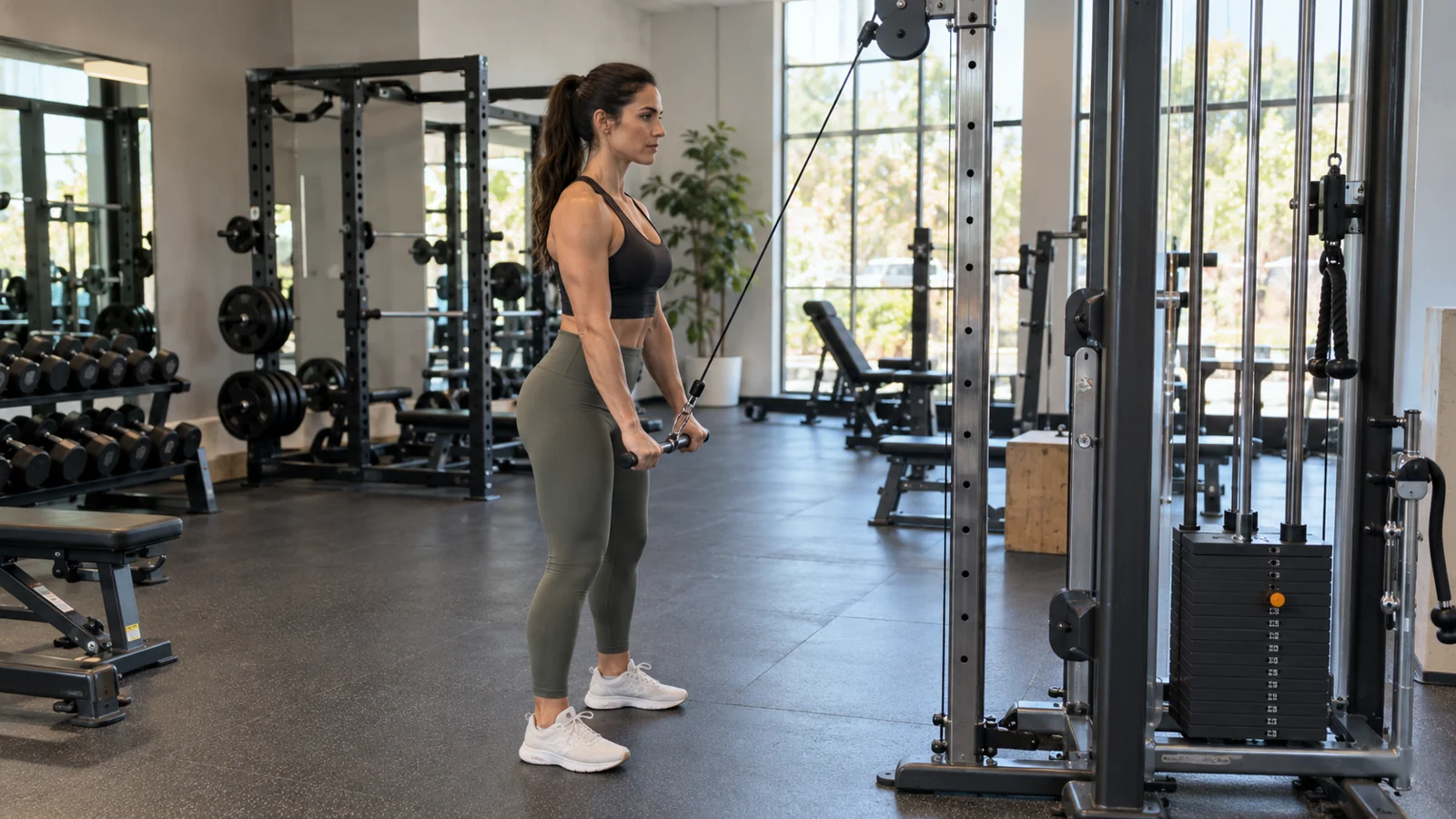 A woman performing a straight-arm pulldown with a high cable and bar near her thighs.