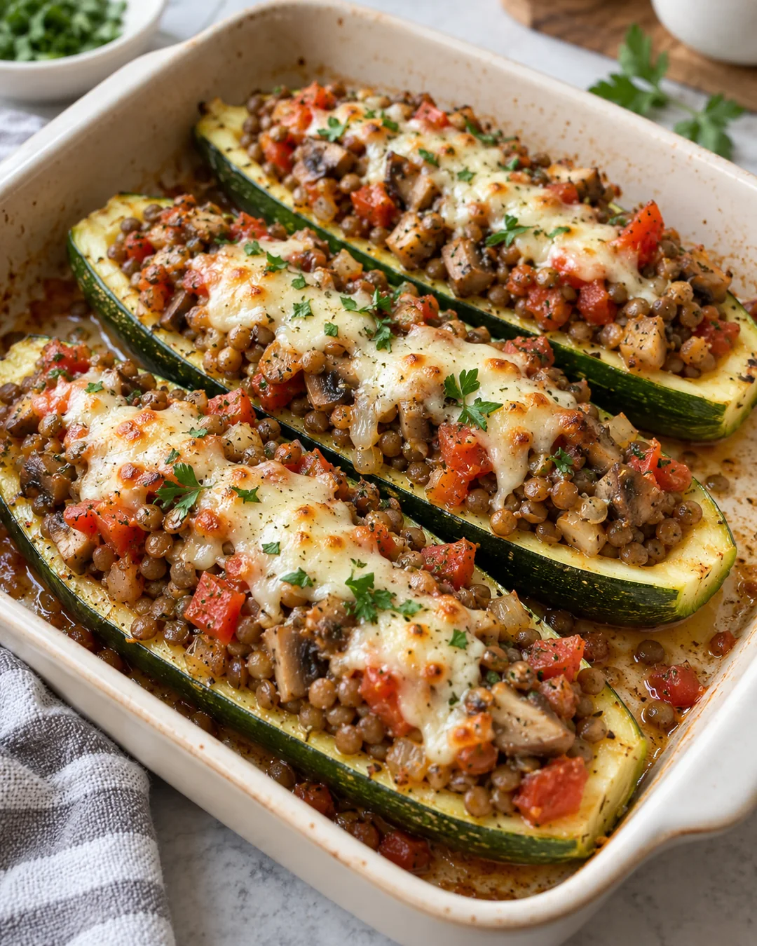 Baked zucchini boats filled with lentils, mushrooms and tomato beneath melted cheese.