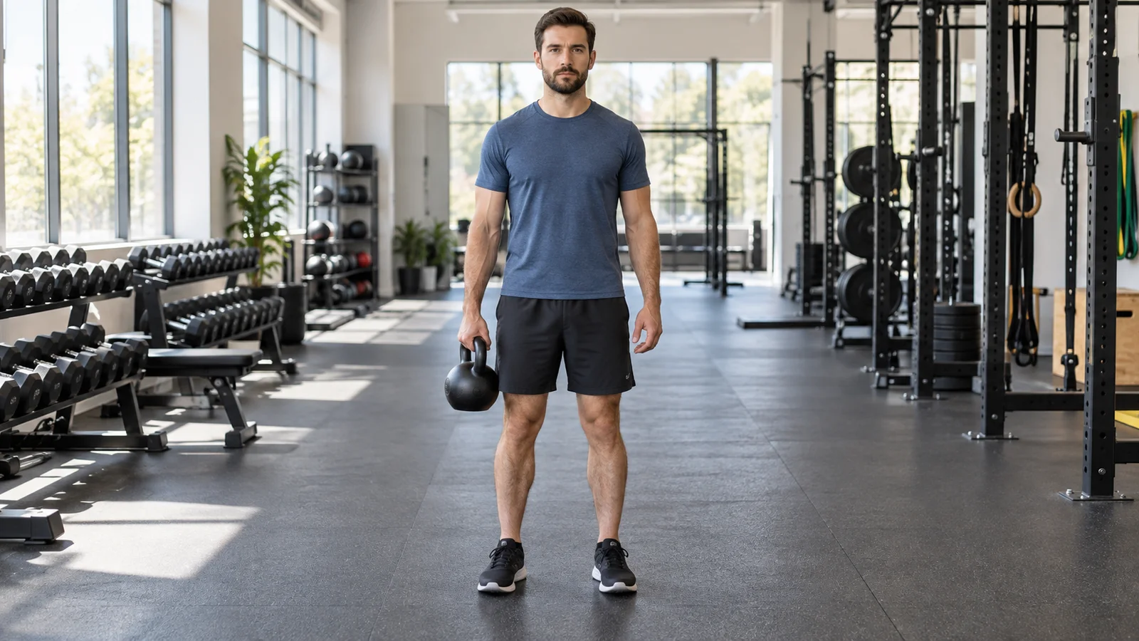Man standing upright with a kettlebell held at one side for a suitcase carry.